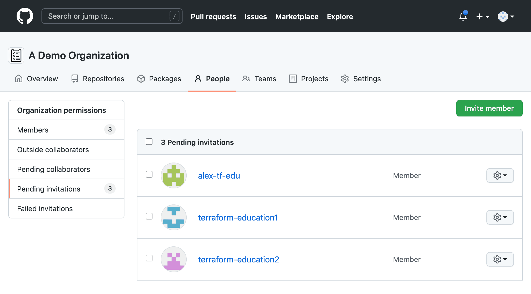 Pending invitations dashboard containing three invitations. terraform-education2 now has a pending invitation.