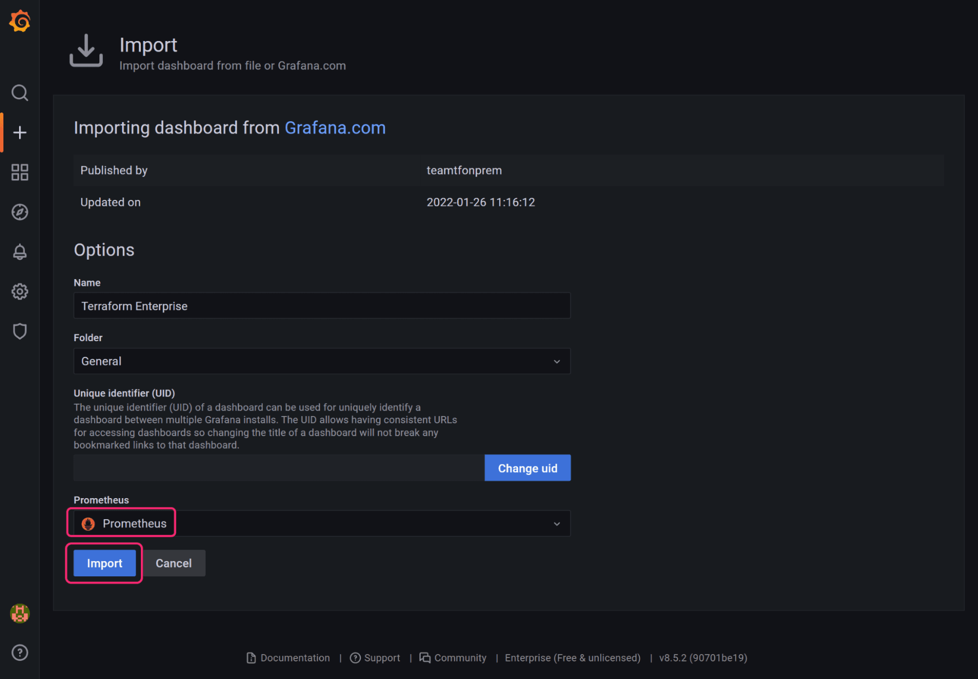 The Grafana dashboard import screen showing the Terraform Enterprise Grafana dashboard being imported and pointing to the Prometheus data source